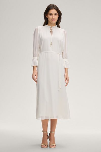 Elegantes Dinah Offwhite Midikleid mit Rüschenkragen und Bindeband