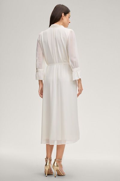 Elegantes Dinah Offwhite Midikleid mit Rüschenkragen und Bindeband
