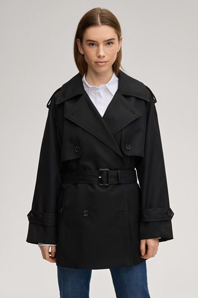 JOOP! Schwarzer, kurz geschnittener, zweireihiger Trenchcoat mit Gürtel