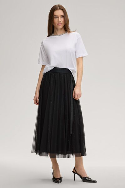 Joop! Frida Schwarzer Tüll-Midirock mit Strasssteinen und Logo-Bund