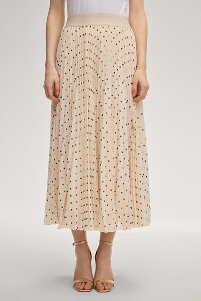 JOOP! Cremefarbener gepunkteter Plisseerock Midi A-Linie Logo-Bund