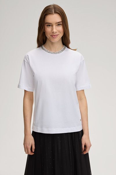 Thei Weißes Baumwoll-T-Shirt mit Strassbesatz am Ausschnitt