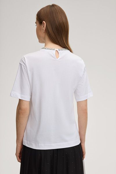 Thei Weißes Baumwoll-T-Shirt mit Strassbesatz am Ausschnitt