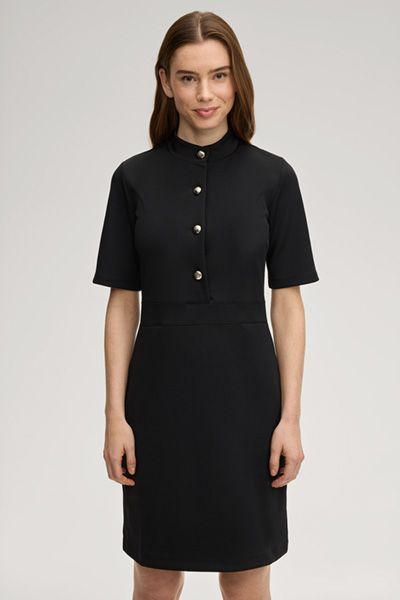 Sweatkleid Tibra Schwarzes knielanges Kleid mit Stehkragen und Knöpfen
