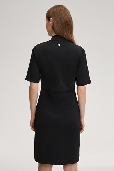 Sweatkleid Tibra Schwarzes knielanges Kleid mit Stehkragen und Knöpfen