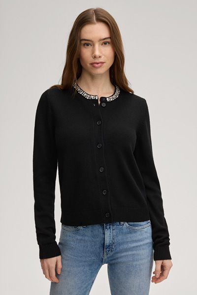 Marc Cain Schwarze Strickjacke mit Cashmere und Strassbesatz am Kragen