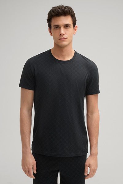 Joop! Cornflower Schwarz Gemustertes T-Shirt Rundhals Baumwollmischung