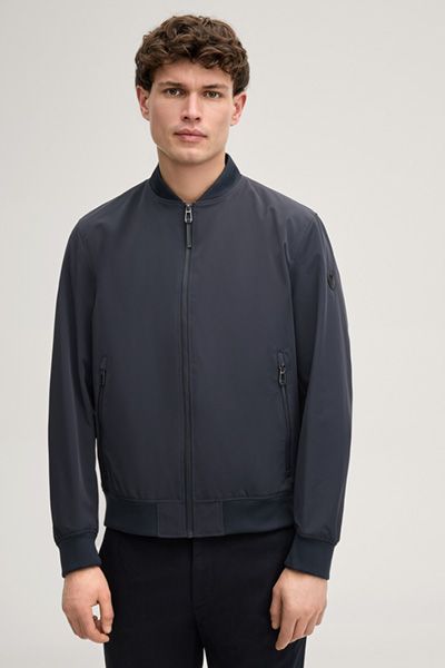 Marineblaue Blousonjacke aus Nylonmischung mit geripptem Kragen und Bündchen