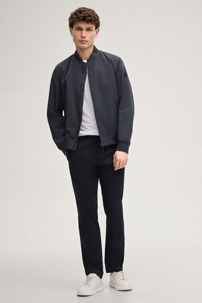 Marineblaue Blousonjacke aus Nylonmischung mit geripptem Kragen und Bündchen