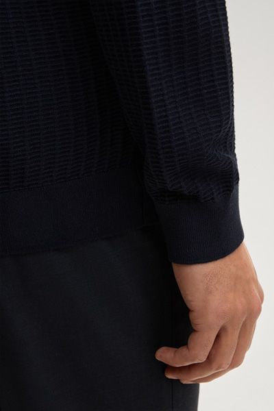 Galdino Herren Marine Waffelstrick Polo Kragen Langarm Pullover