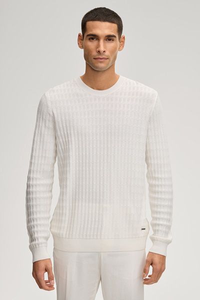 JOOP! Strukturierter Strickpullover mit Rundhalsausschnitt in Off-White Baumwolle