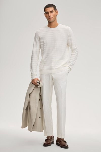 JOOP! Strukturierter Strickpullover mit Rundhalsausschnitt in Off-White Baumwolle