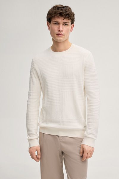 Pullover Raikon off-white Baumwolle strukturierter Langarm Rundhalsausschnitt