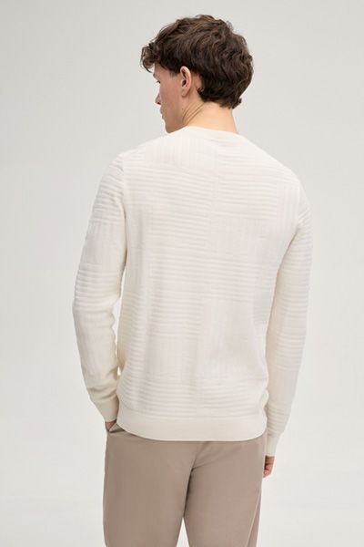 Pullover Raikon off-white Baumwolle strukturierter Langarm Rundhalsausschnitt