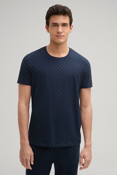 Cornflower Marineblaues Baumwollmischungs-T-Shirt mit Allover-Muster