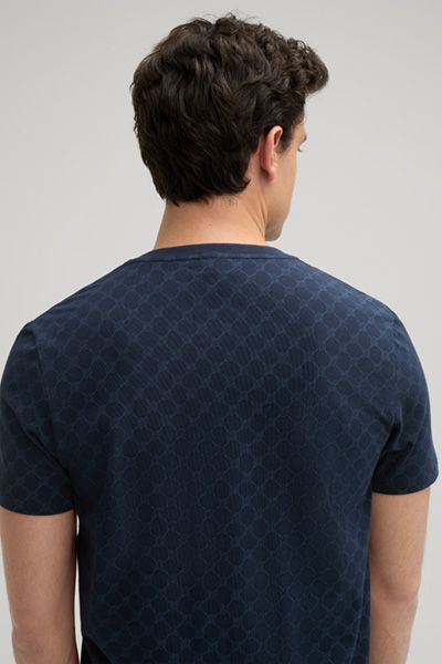 Cornflower Marineblaues Baumwollmischungs-T-Shirt mit Allover-Muster