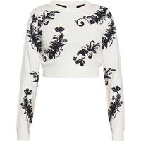 Floraler Jacquard-Strickpullover in Wollweiß und Schwarz