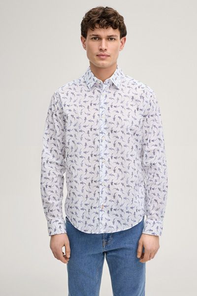 Hansen Weiß Gemustertes Baumwollhemd Langarm Klassische Passform