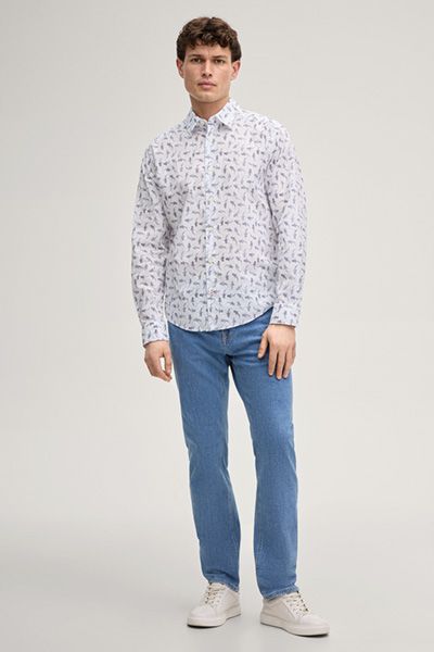 Hansen Weiß Gemustertes Baumwollhemd Langarm Klassische Passform