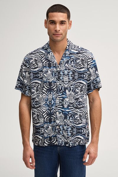 Joop! Hanes Hemd Blau/Weiß gemustert Viskose Reverskragen Kurzarm