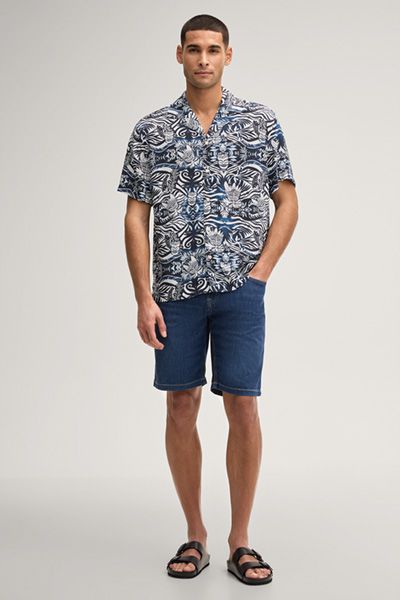 Joop! Hanes Hemd Blau/Weiß gemustert Viskose Reverskragen Kurzarm