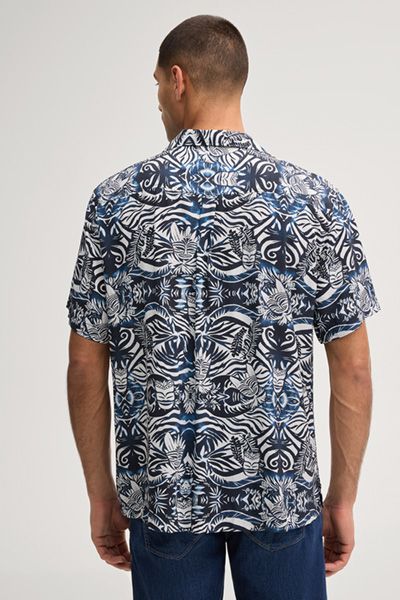 Joop! Hanes Hemd Blau/Weiß gemustert Viskose Reverskragen Kurzarm