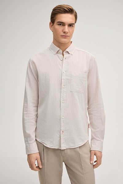 Joop! Hali Beige Leinen-Baumwollmischung Button-Down Langarmhemd