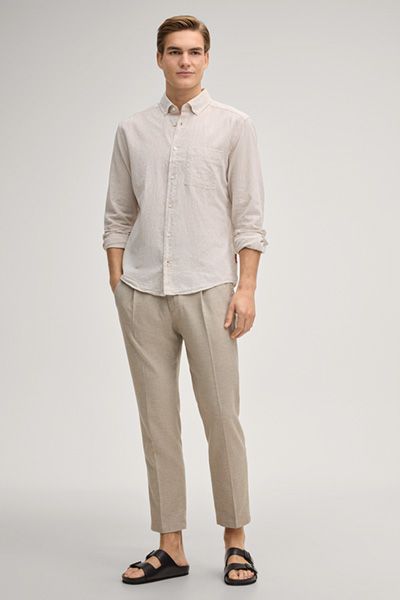 Joop! Hali Beige Leinen-Baumwollmischung Button-Down Langarmhemd