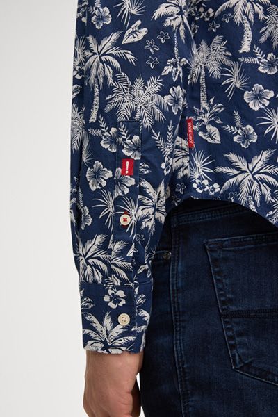 Pop Jeans Hawo Marineblaues Baumwollhemd mit Palmenmuster und langen Ärmeln