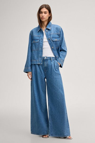 Wide Leg Jeans Elise mit Bundfalten in Mid Blue Denim