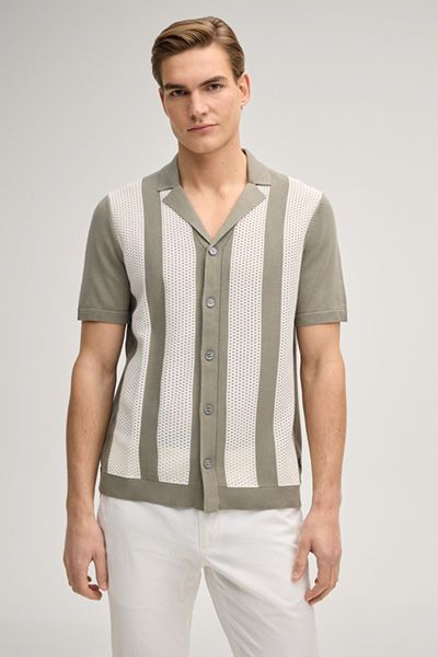 JOOP! Galvo Khaki Ecru gestreiftes Strickhemd mit offenem Kragen