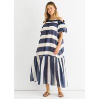 Gestreiftes Baumwoll-Midaxikleid mit Bardot-Ausschnitt