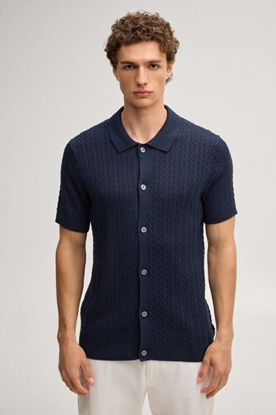 Joop! Marineblaues Strickshirt mit Textur, Polokragen und Knöpfen