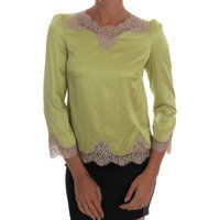 Limonengrüne Seidenbluse mit Spitzenbesatz
