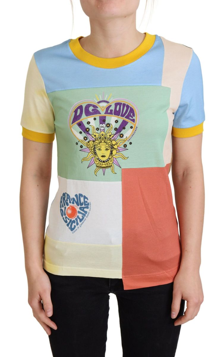 Multicolor Baumwoll Patchwork Grafik T-Shirt