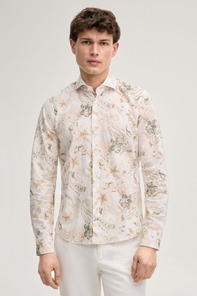 Aprikosenfarbenes Paisley-Hemd aus Leinenmischung mit Haifischkragen