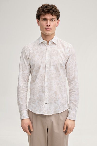 Lässiges helles Leinenmischhemd weiß beige Blattmuster