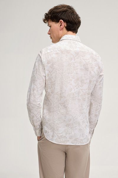 Lässiges helles Leinenmischhemd weiß beige Blattmuster