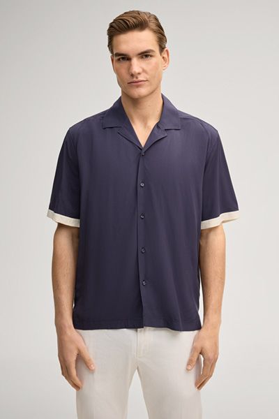 Marineblaues kurzärmliges Hemd Kontrastbesatz Relaxed Fit Viskose