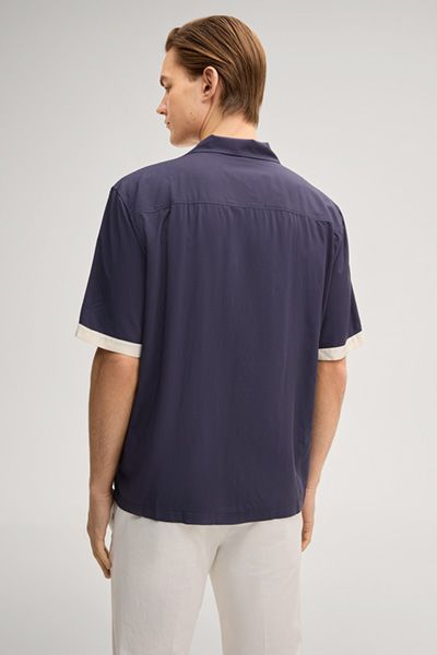 Marineblaues kurzärmliges Hemd Kontrastbesatz Relaxed Fit Viskose