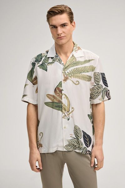 Joseph Janard Kurzarmhemd Ecru/Grün Botanischer Print Camp Kragen