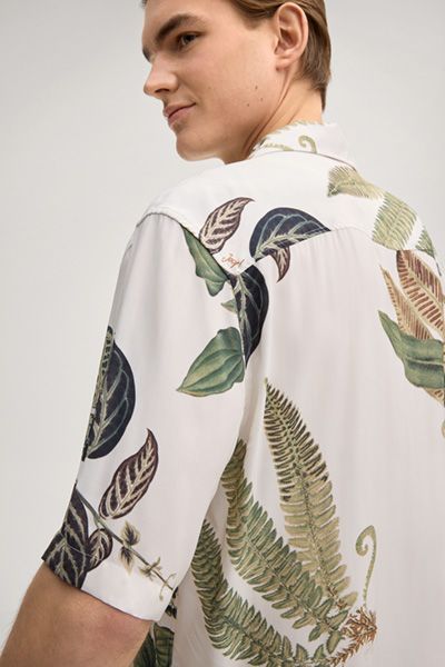 Joseph Janard Kurzarmhemd Ecru/Grün Botanischer Print Camp Kragen