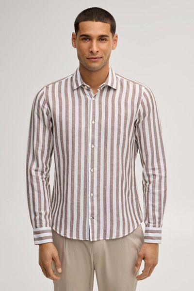Gestreiftes Pit Hemd Braun Leinenhemd mit Button-Down-Kragen