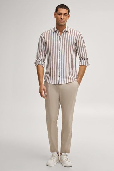 Gestreiftes Pit Hemd Braun Leinenhemd mit Button-Down-Kragen