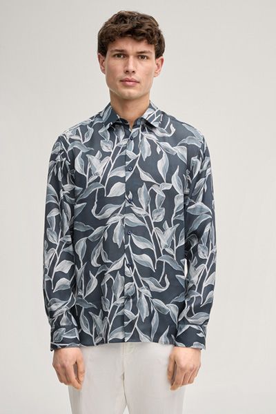 Marineblaues Hemd mit Blätterprint, Viskose, lange Ärmel, Kentkragen
