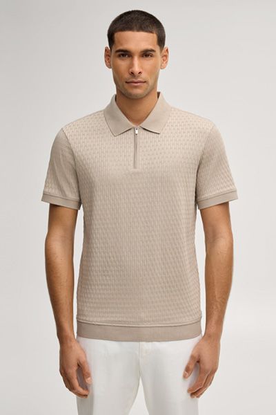 Strukturiertes beiges Baumwoll-Poloshirt mit Reißverschlusskragen