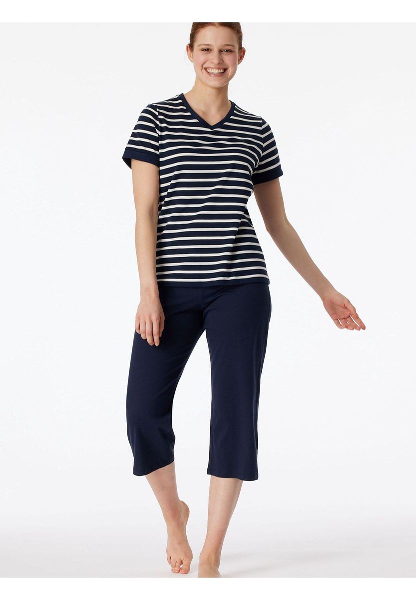 Gestreiftes Baumwoll-Capri-Pyjama-Set
