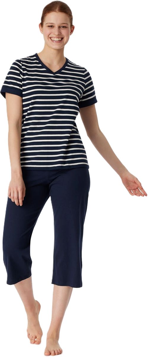 SCHIESSER Casual Essentials Capri-Pyjama, Baumwolle, V-Ausschnitt, für Damen, blau, 36