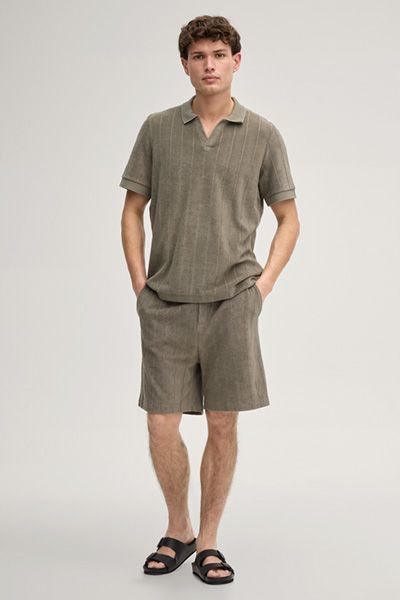 Joop! Jeans Mohala Khaki Gestreiftes Frottee-Baumwoll-Poloshirt Relaxed