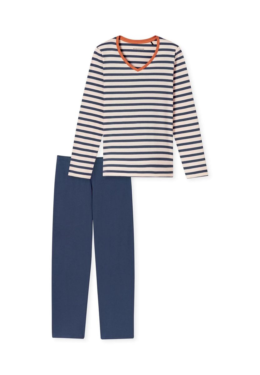Gestreiftes Baumwoll-Pyjama-Set mit V-Ausschnitt